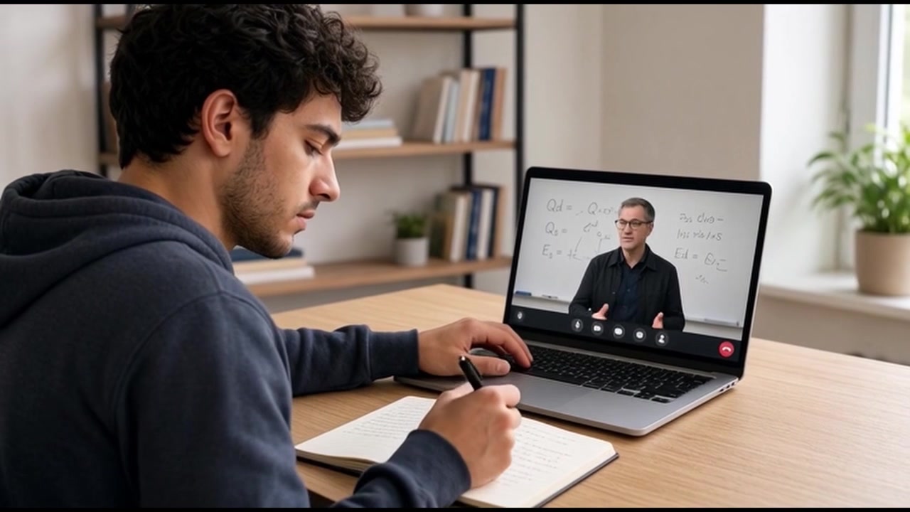 Student Attending Online Lecture on Laptop at Home