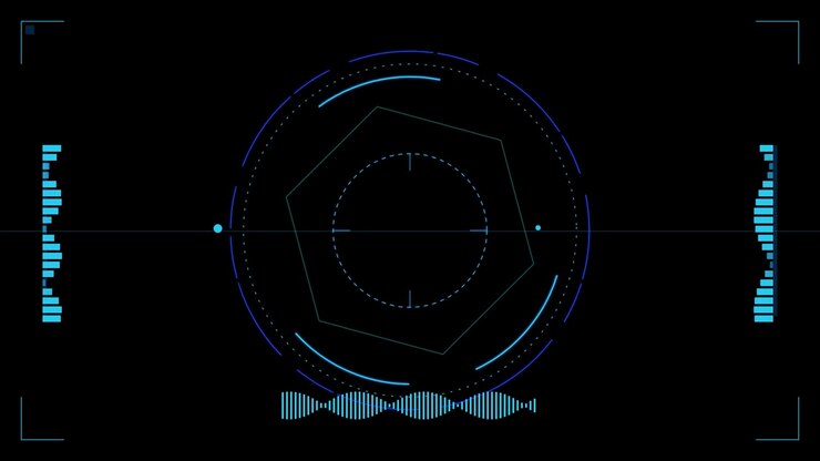 Futuristic Digital HUD Interface with Rotating Hexagon and Audio Waveform