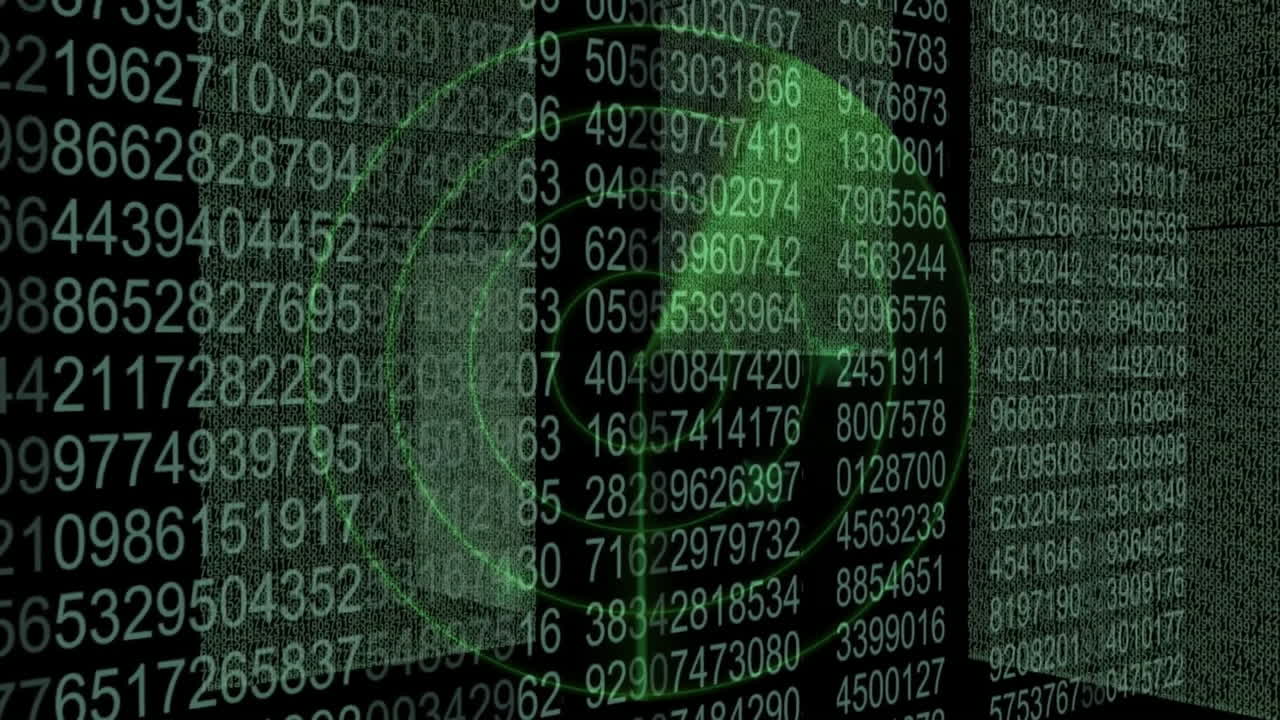 Binary numbers and digital eye animation over green matrix background