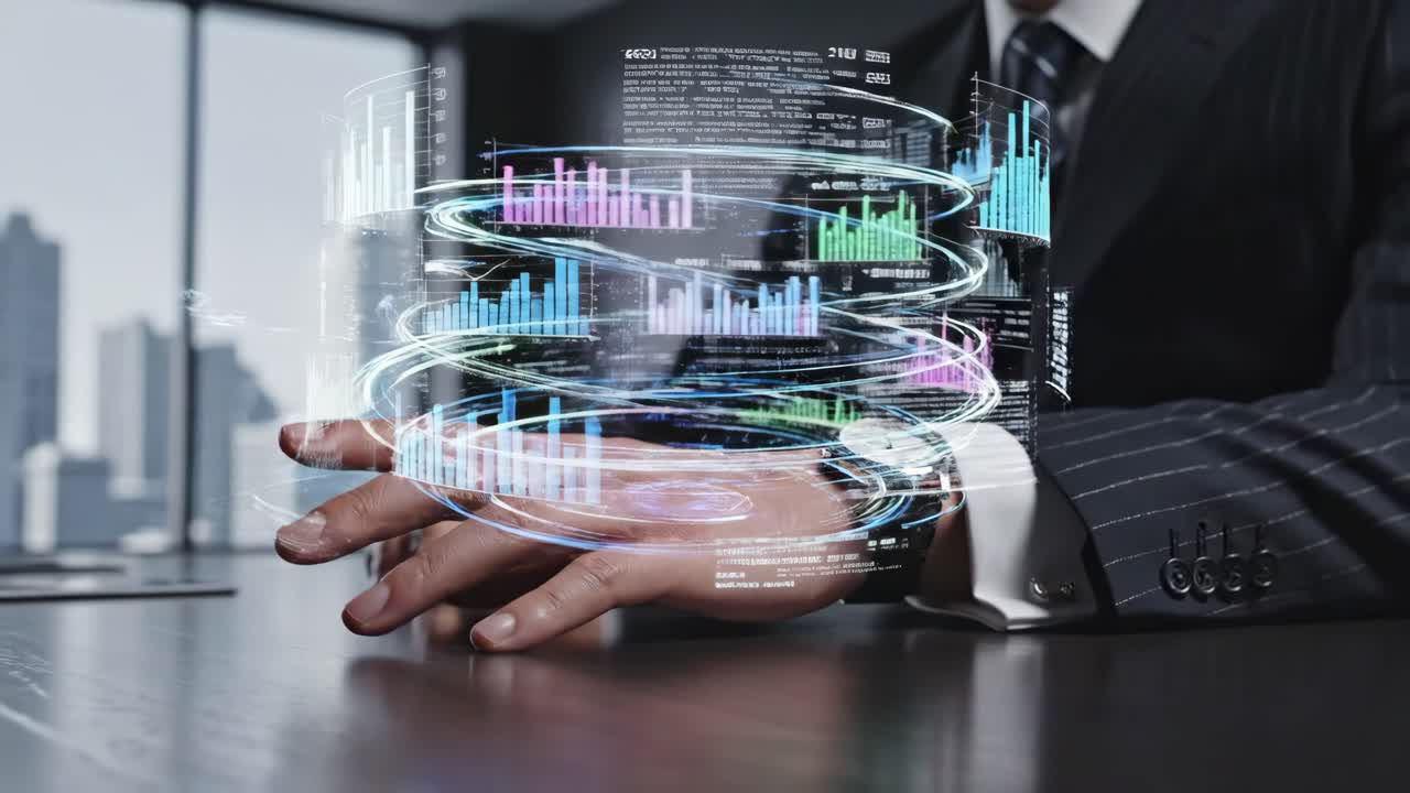 Uomo d'affari con ologramma di dati finanziari