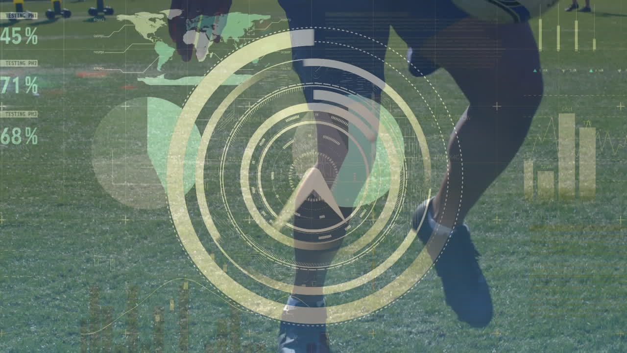 Animation of ticking clock and data processing over low section of male soccer player juggling