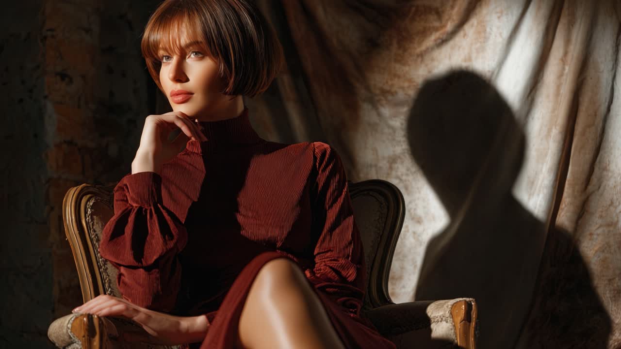 Portrait captivant d'une femme pensive vêtue d'une riche tenue marron, assise avec grâce, baignée d'une lumière douce avec un jeu d'ombres rehaussant l'atmosphère artistique
