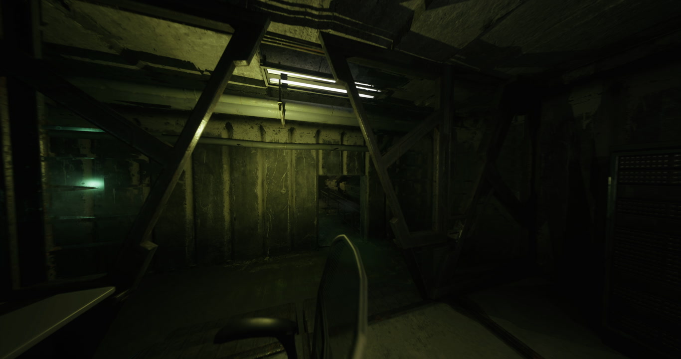 Dusty industrial space with equipment and scattered belongings