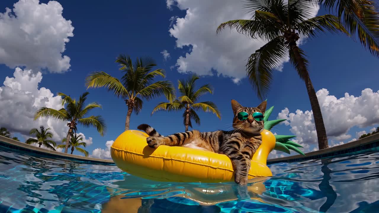 A low-angle video captures a relaxed cat in sunglasses lounging on a pineapple float in a pool