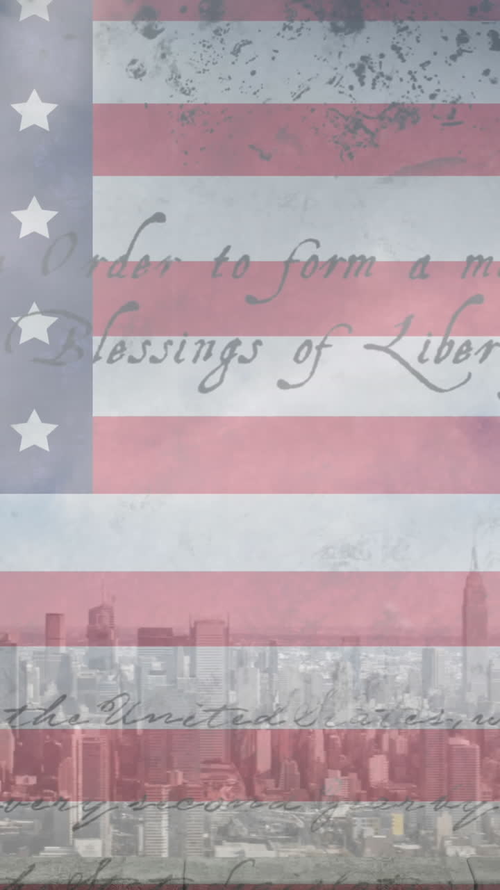 Animation of american flag and constitution text over cityscape