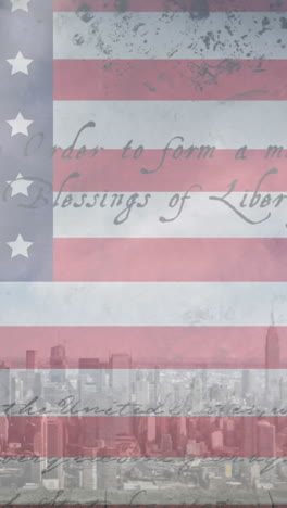 animation of american flag and constitution text over cityscape