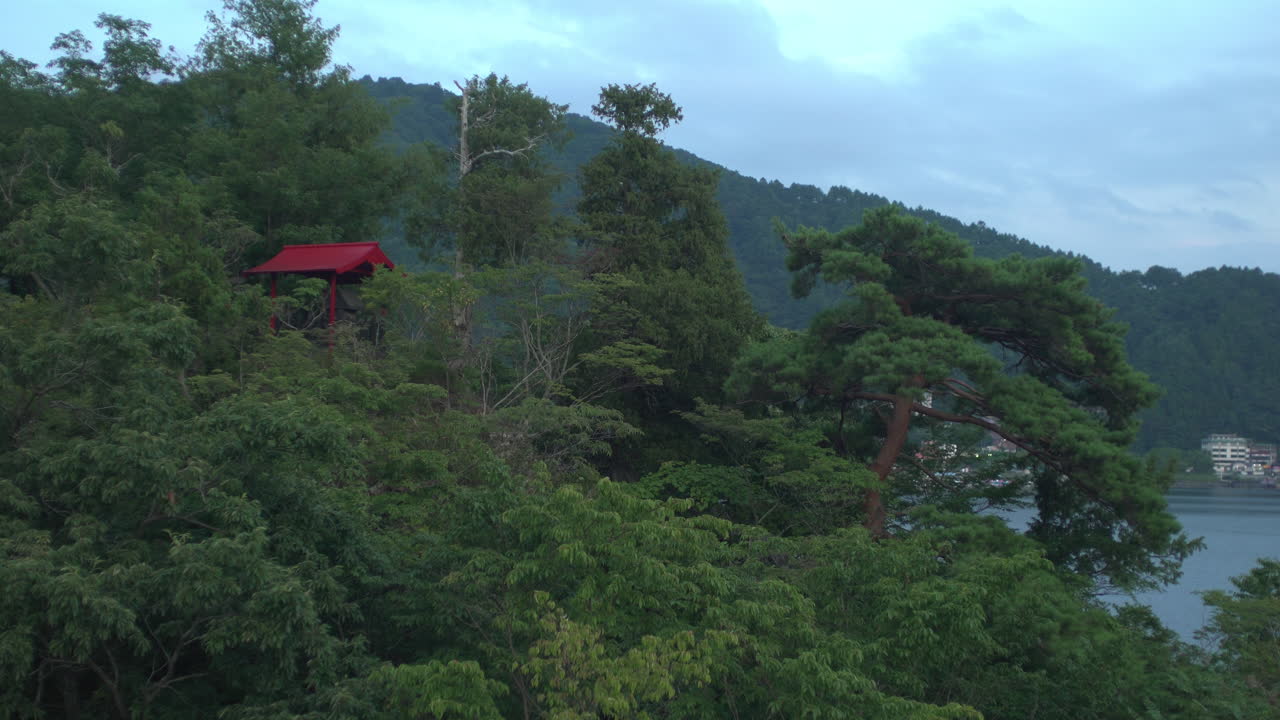 destacando las verdes montañas que rodean el lago kawaguchiko en japón, una puerta torii se erige como un símbolo, que significa la santidad de esta zona montañosa