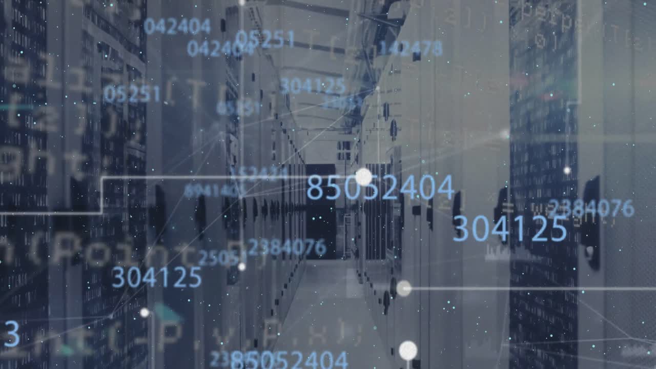 animación de números cambiantes, procesamiento de datos y red de conexiones contra la sala de servidores