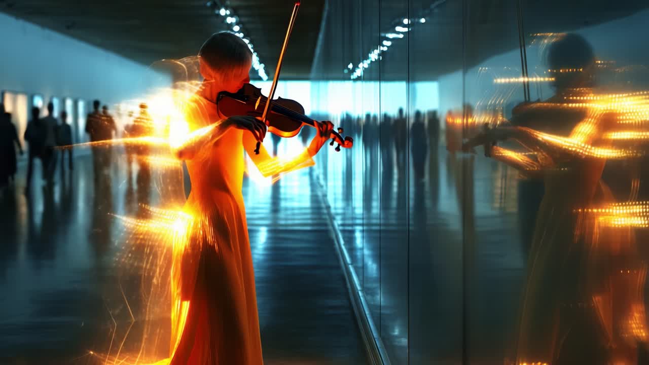 A captivating violinist in a stunning dress enchants the audience with a mesmerizing performance, surrounded by reflections and glowing energy in an artistic space