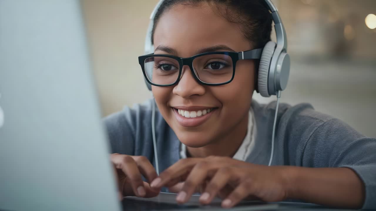 Smiling student seeing laptop screen, typing and studying at home, wearing glasses and headphones