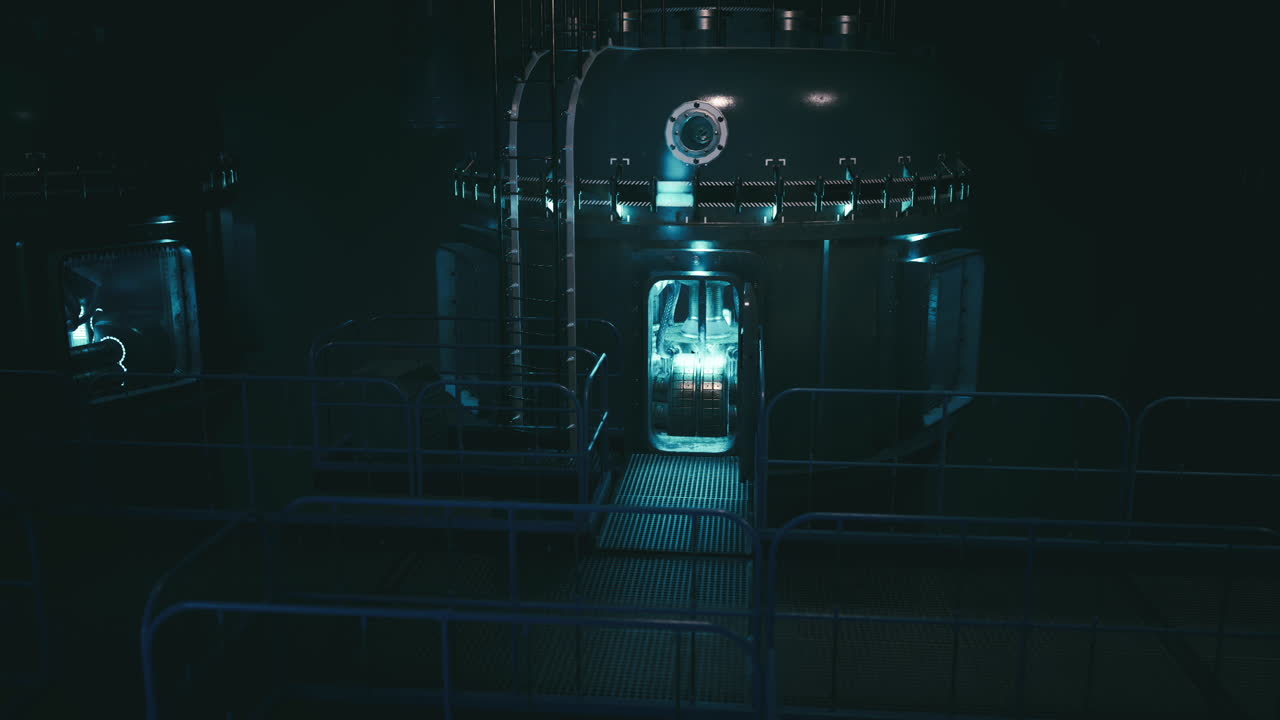 Mysterious scifi laboratory with glowing technology at night