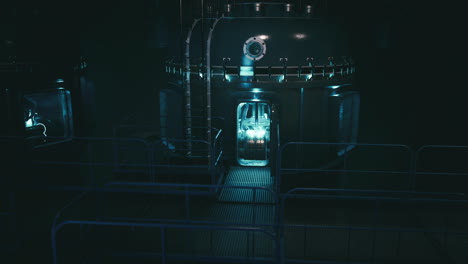 mysterious scifi laboratory with glowing technology at night