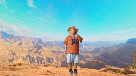 asian boy with a hat and binoculars showing magnifying glass and thumbs up gesture to camera. boy researcher examines something while traveling at the top of mountain, travel adventure, full body