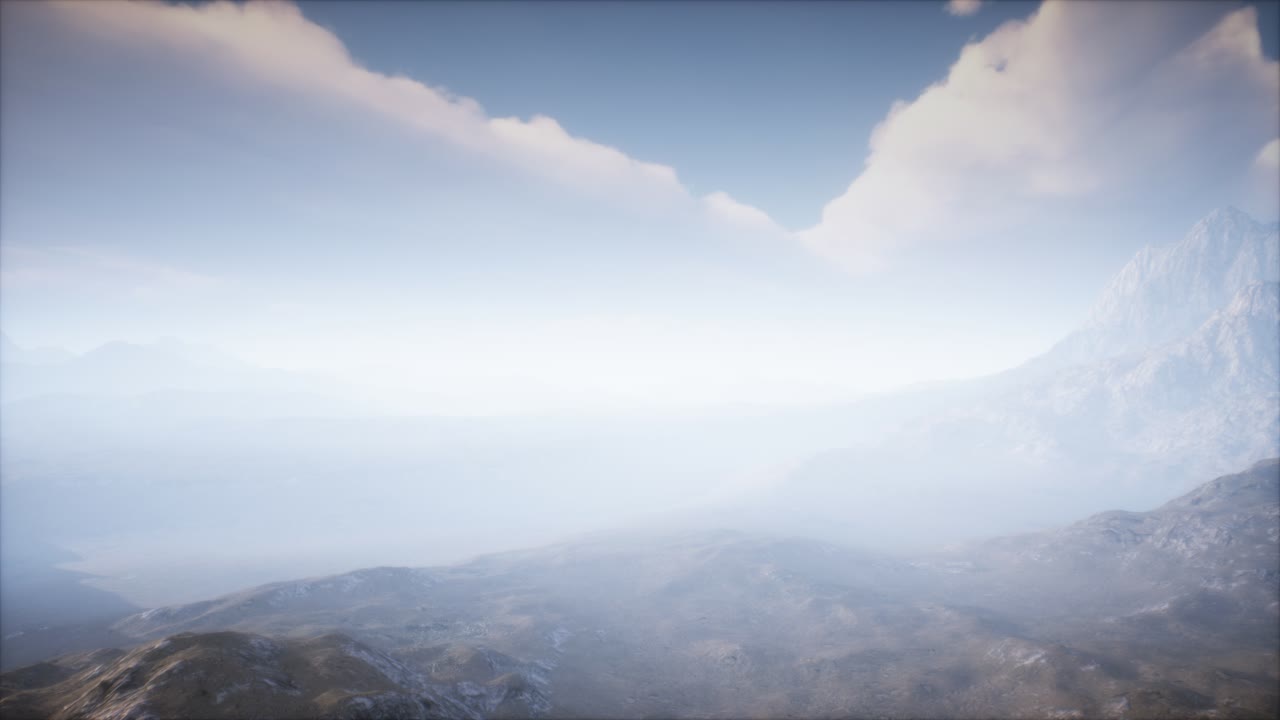 안개 가 있는 화산 크레이터 풍경