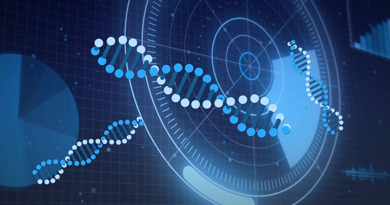 Opening grid three DNA helices drifting converging X-shaped over HUD signaling data completion