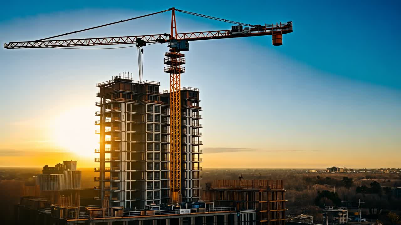 Swinging tower crane lifting load over building frame at construction site in golden sunset light