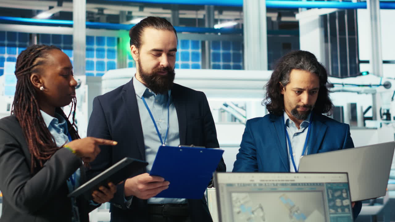 retrato de supervisores felices inspeccionando la maquinaria de la planta solar