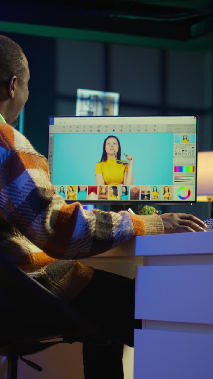 Vertical Video Skilled designer using editing software on dual monitors in organized workspace