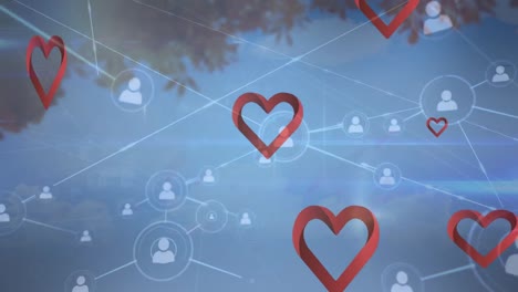 animation of heart icons and network of connections over tree