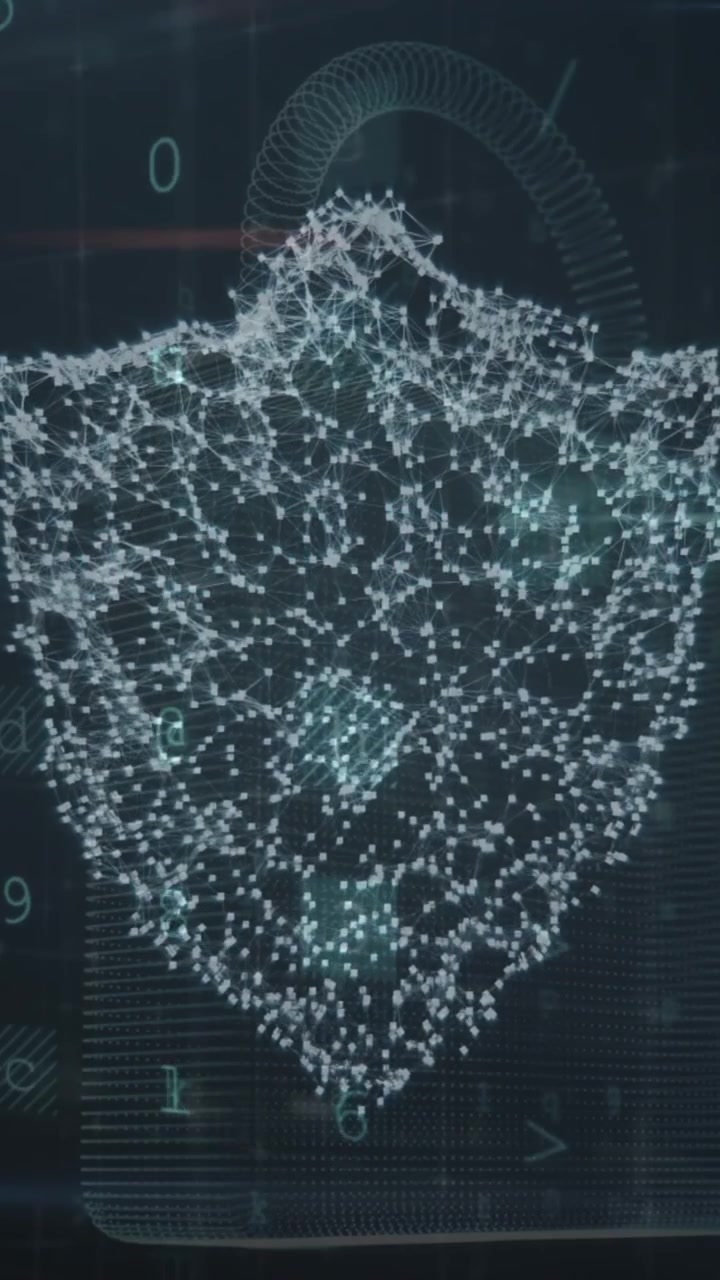 Animación de números y letras cambiantes sobre un escudo de ciberseguridad.