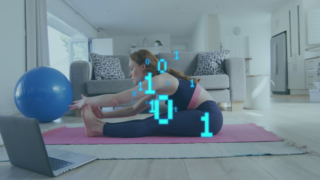 Animation of caucasian woman exercising with laptop and binary coding data processing