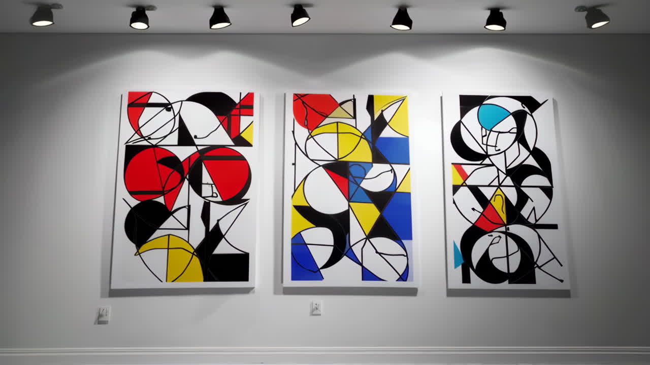 Abstract Geometric Paintings in Primary Colors Displayed on a Wall