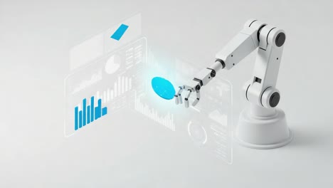 advanced robotic arm analyzing data visualization and interacting with digital graphs in a futuristic technology environment