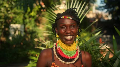 una mujer africana alegre sonriendo mientras se adorna con trajes tradicionales, en uganda, áfrica oriental - de cerca