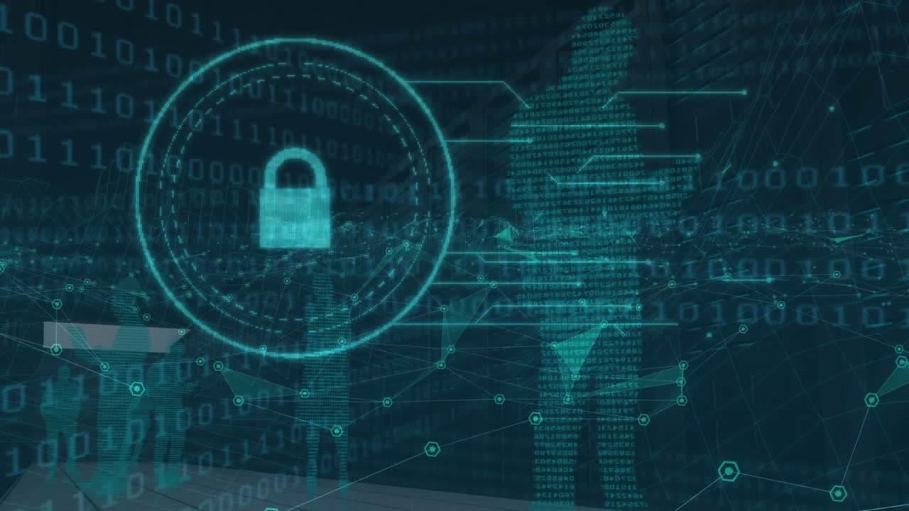 animación de datos, silueta humana y candado digital sobre fondo negro