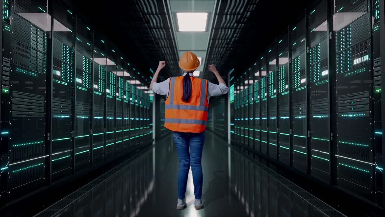 Full Body Back View Of A Female Engineer With Safety Helmet Raising Her Hands Celebrating While Working in Server Room Data Center