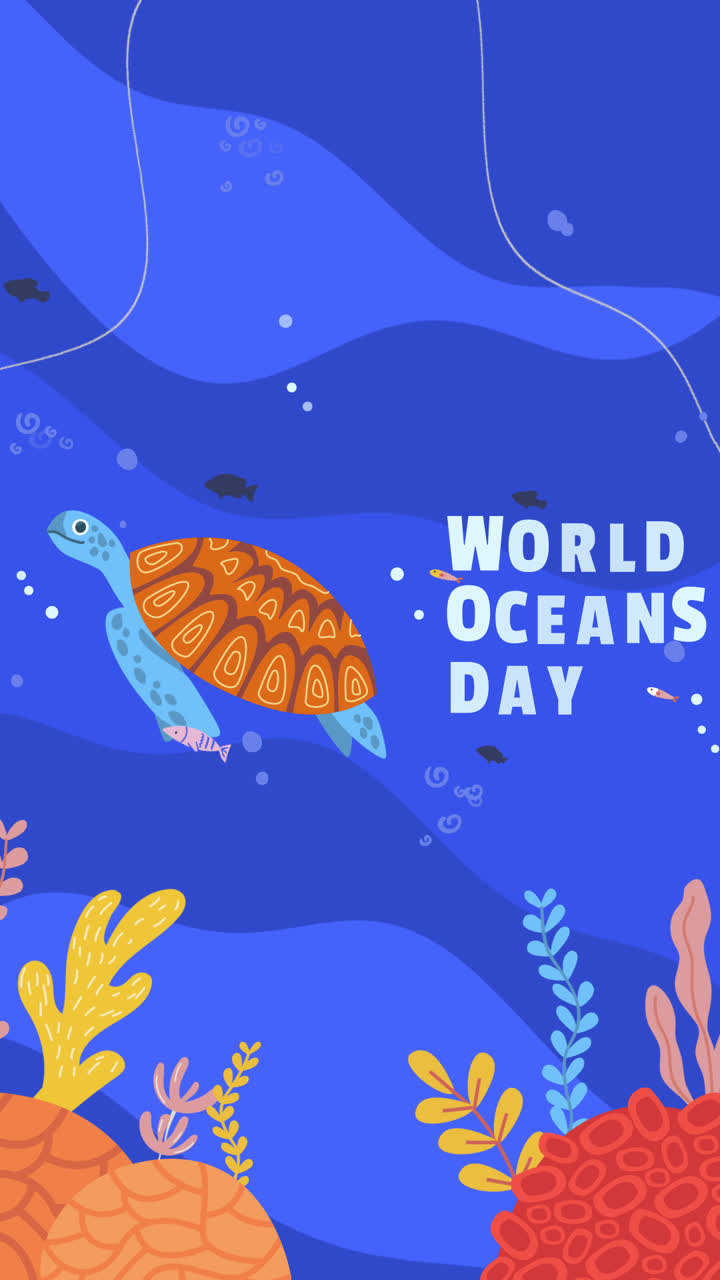 World Oceans Day Illustration with Turtle and Coral Reefs