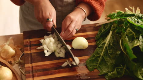 woman chopping onion for cooking