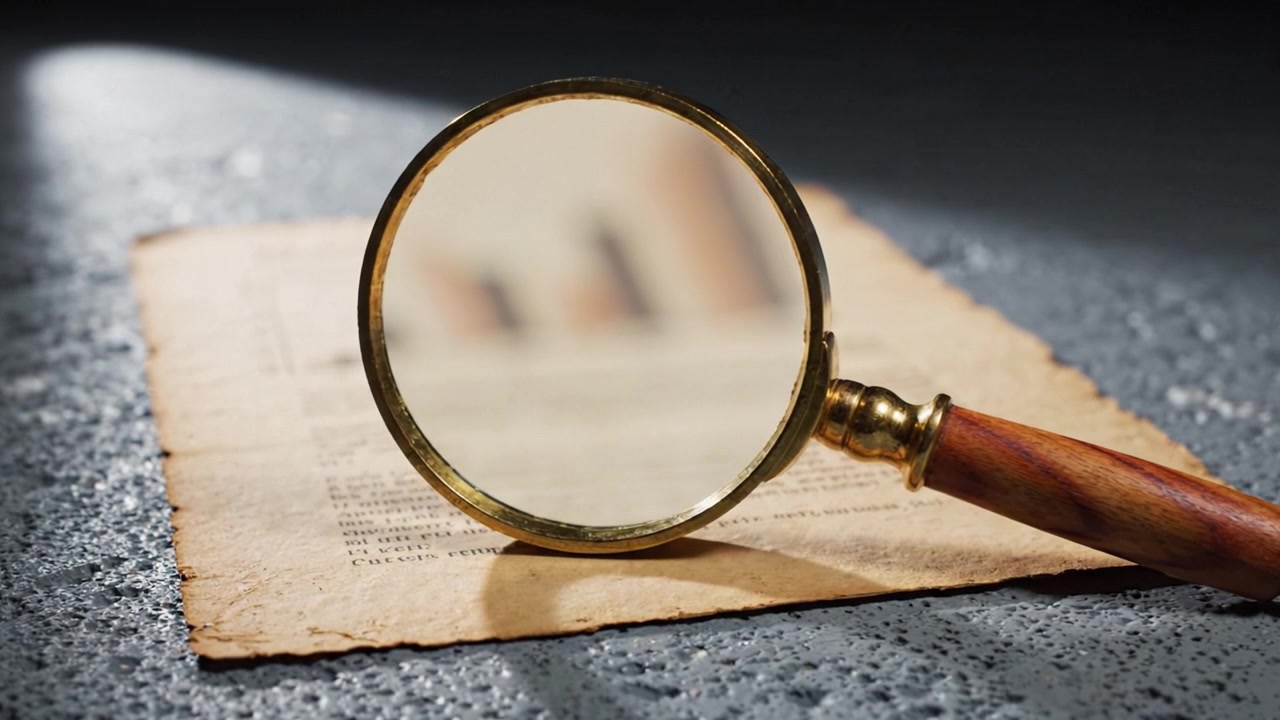 Close-Up of a Magnifying Glass on an Aged Document Highlighting Detailed Text and Graphs with Dramatic Lighting for Enhanced Focus