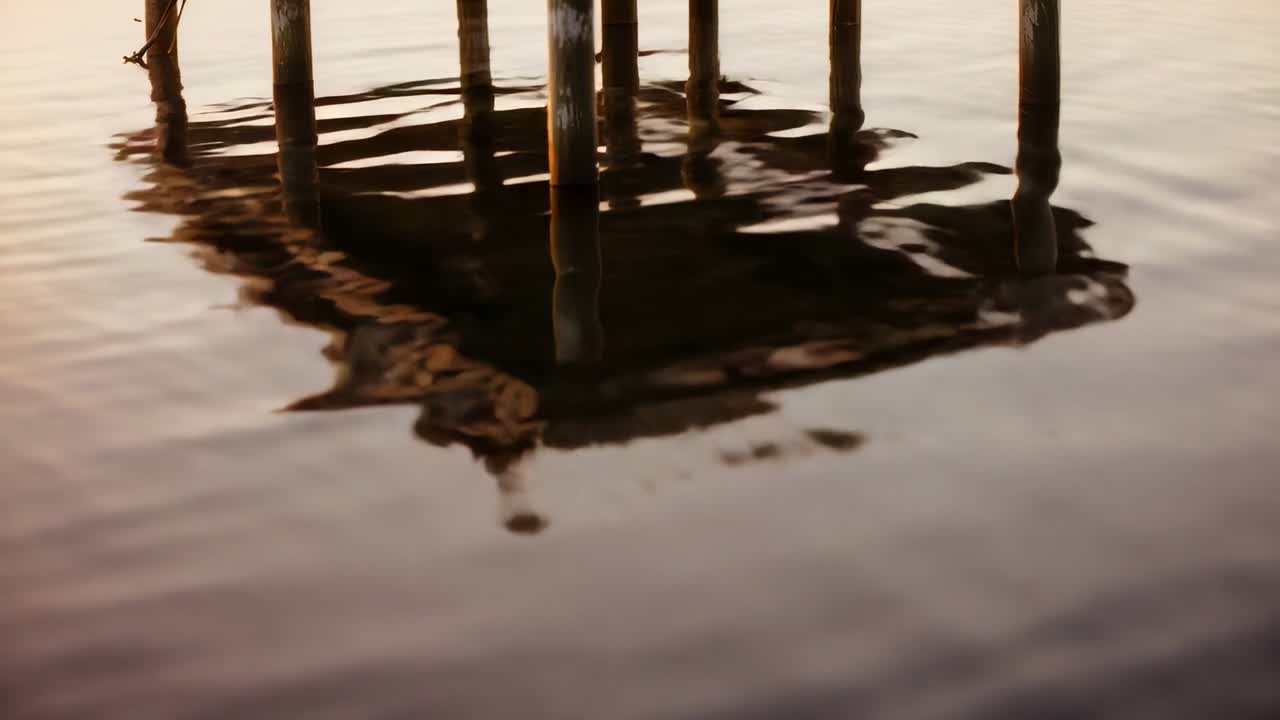 Breeze stirring water, warping wooden pier reflection and posts at calm dock, showing mooring line