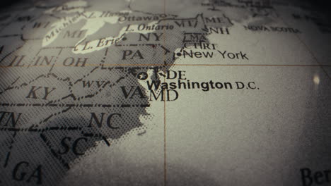 close-up of a world map showing the united states and washington d.c.