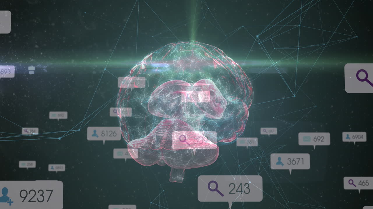 Animazione di icone dei social media ed elaborazione dati su cervello umano