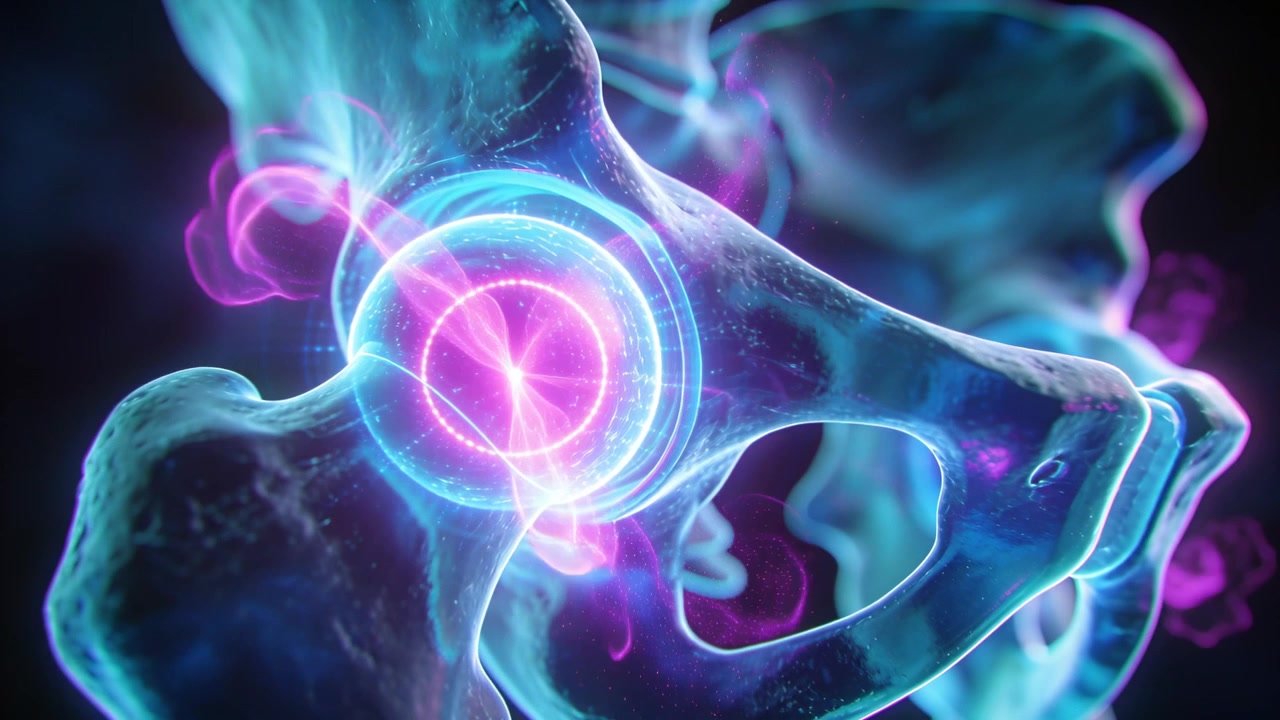 Articolazione dell'anca luminosa che emette filamenti magenta, mentre una linea rotante spazza un'orbita per un'animazione diagnostica.