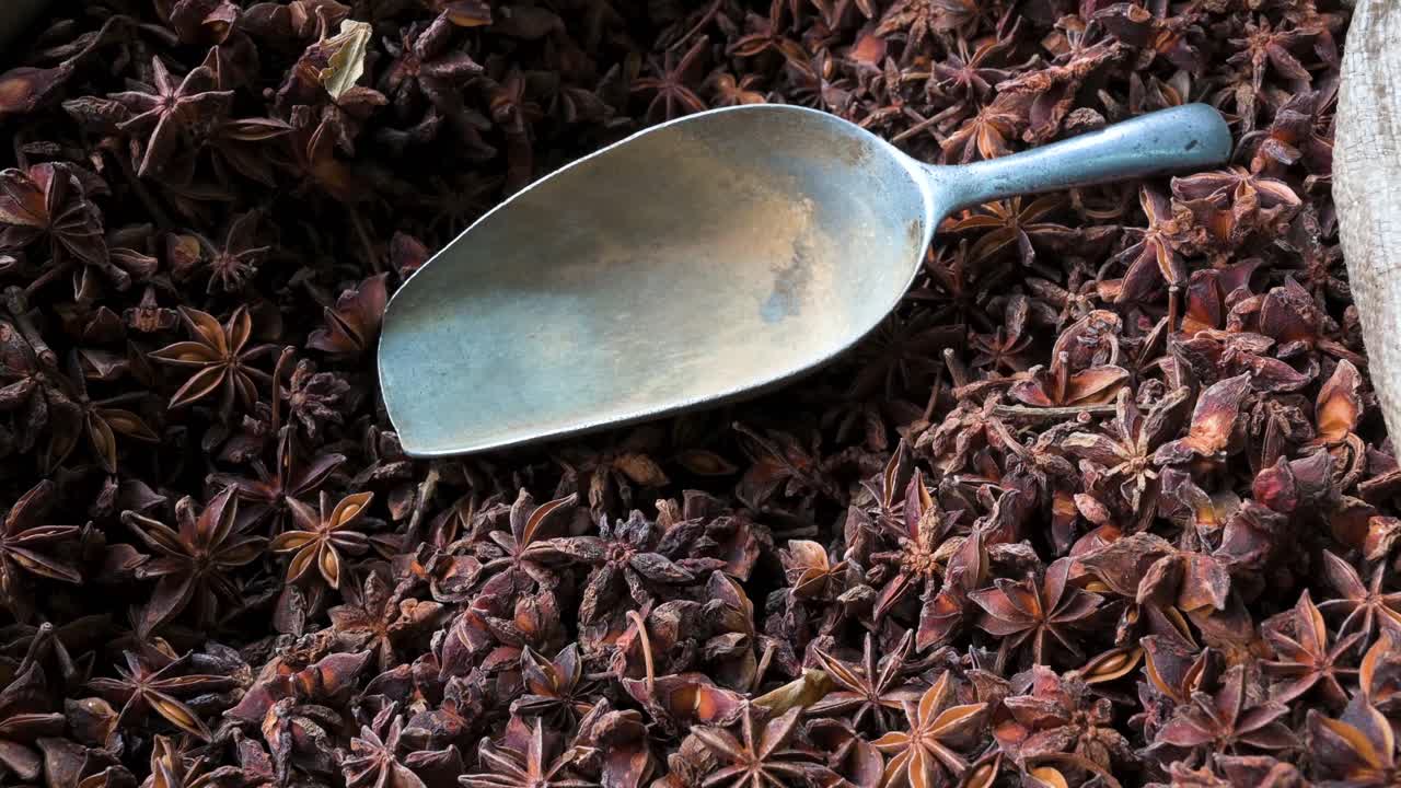 Dentro de um saco, uma colher de metal repousa sobre sementes de Illicium Verum à venda em uma loja de especiarias local.