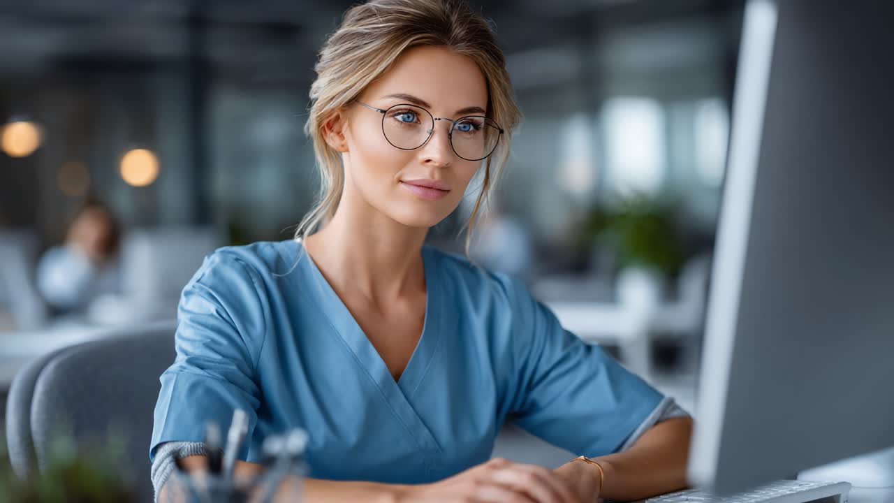 Femme professionnelle concentrée travaillant sur un ordinateur dans un environnement de bureau moderne, dégageant un sentiment d’investissement et de positivité dans l’accomplissement de sa tâche