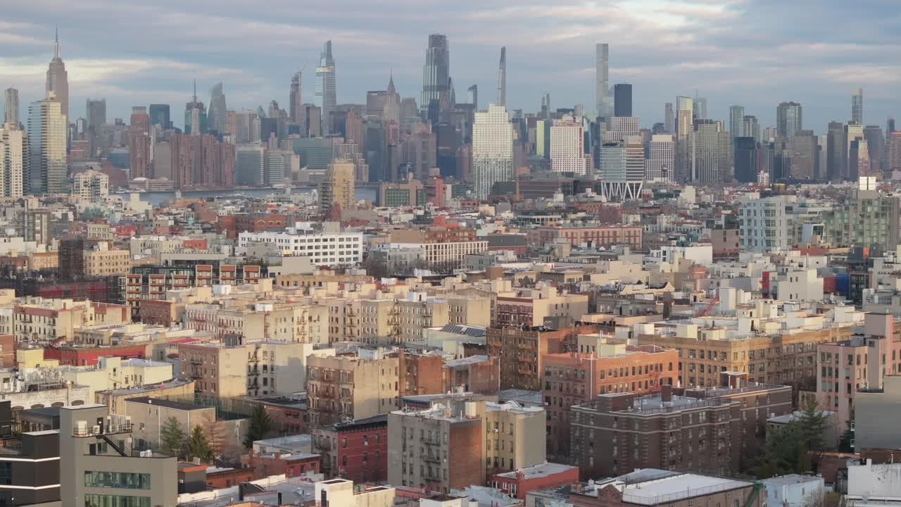 Aerial view of the New York City skyline on a winter morning. Shot in Brooklyn