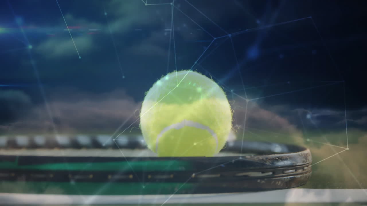 Tennis ball resting on racket strings glowing with digital network overlay in animated illustration