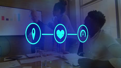 Animation of icons connected with lines, diverse coworkers discussing reports on television screen