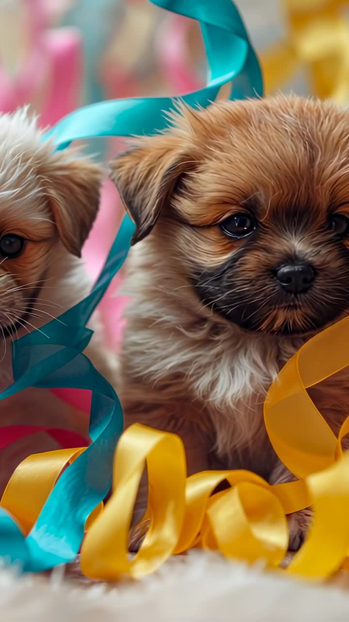Vertical video: Reacting to ribbon movement two puppies tilting heads on rug with turquoise ribbon