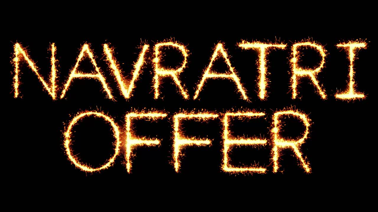 Navratri offer text sparkler writing with glitter sparks particles firework on black 4k loop
