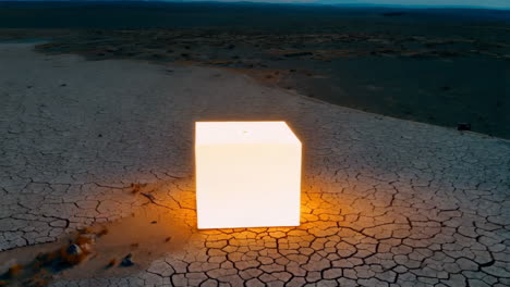 glowing cube in a cracked desert landscape