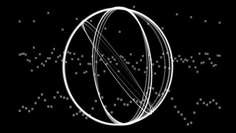 Rotating wireframe sphere with floating particles animation on black background