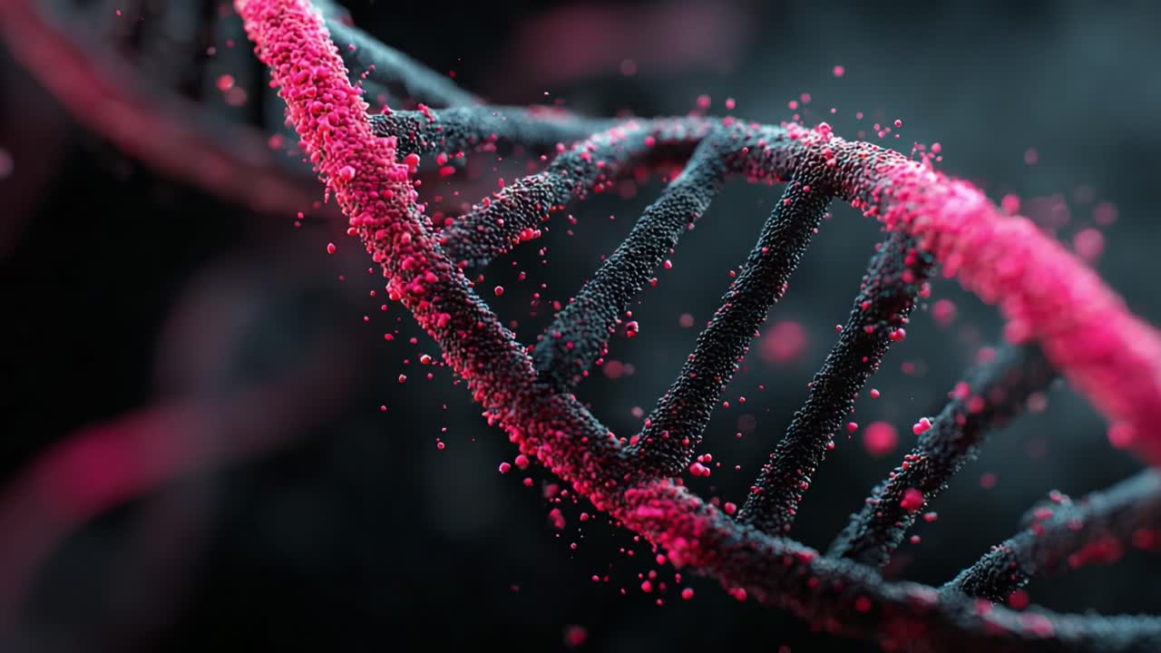 Visualizzazione complessa di elica del DNA con vivaci particelle rosa, che mostra la struttura genetica e i dettagli molecolari in uno straordinario rendering in 3D di scienze biologiche