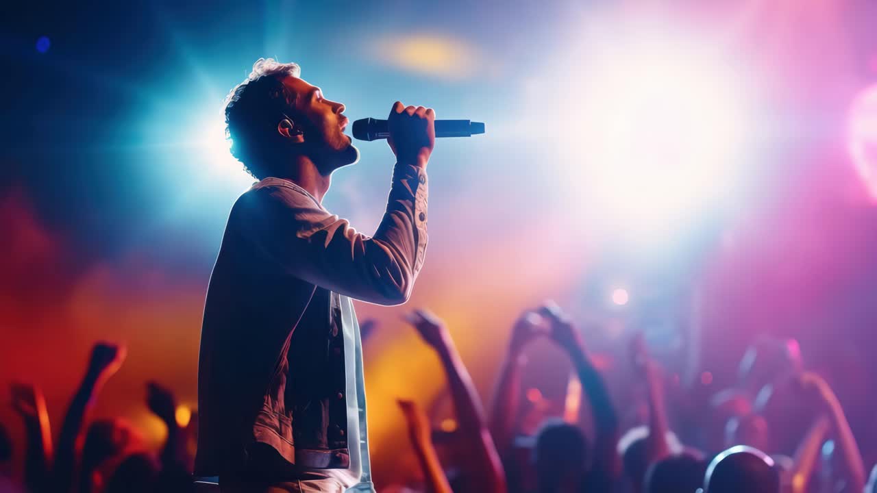 Video dinamico di un cantante sul palco, ripreso da un angolo laterale