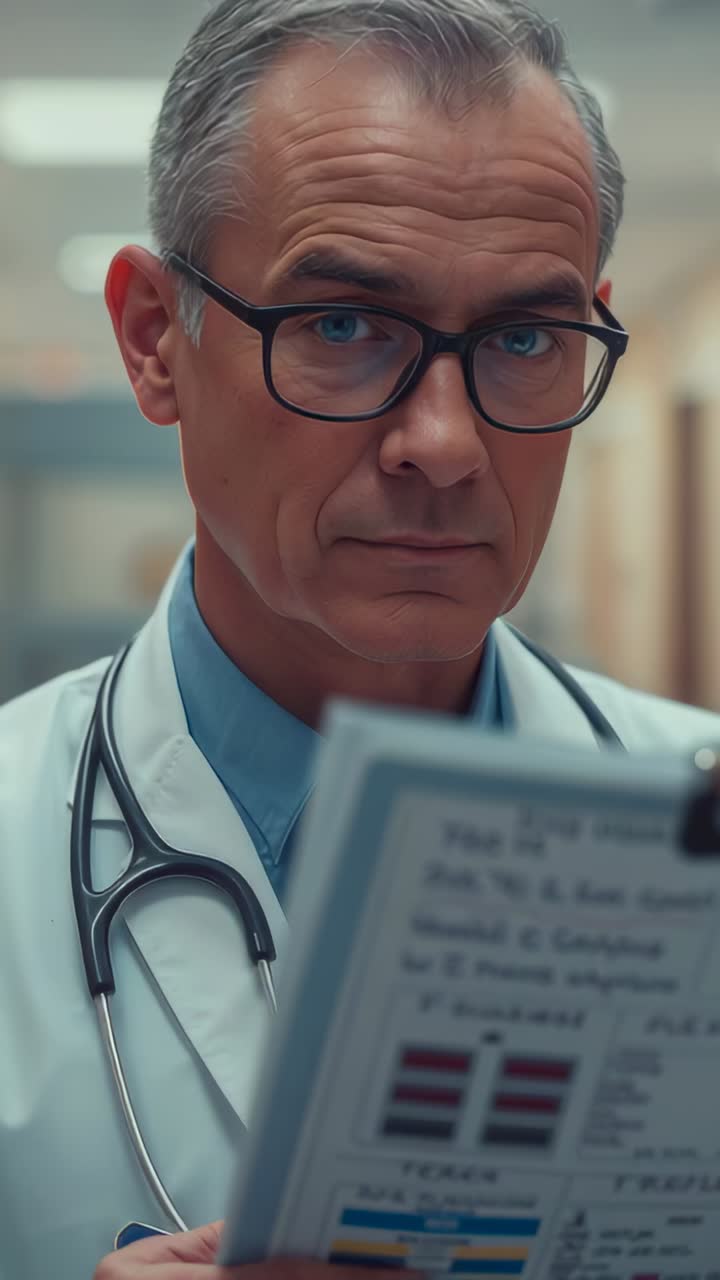 Vertical video: Reading clipboard, senior MD lifting gaze, assessing in hospital, labcoat, scope