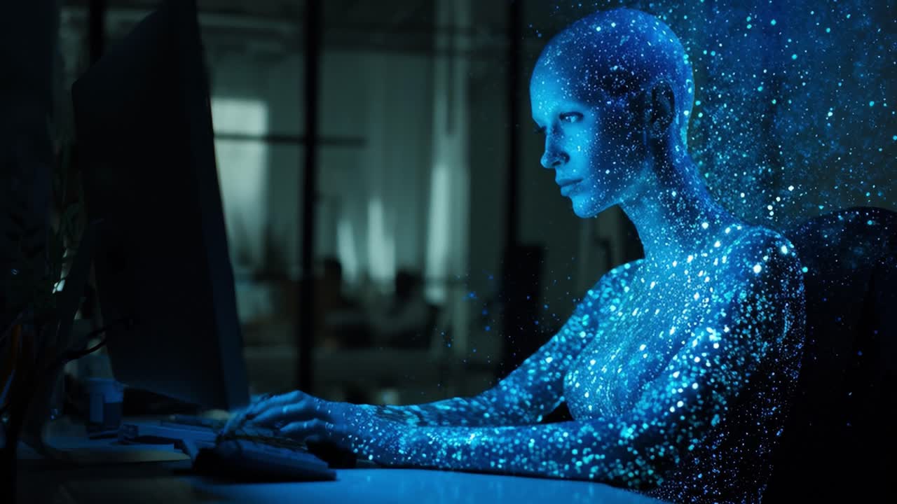 A futuristic, ethereal figure composed of a shimmering galaxy sits at a desk, engaging with a computer in a digital workspace, embodying the essence of technology and creativity
